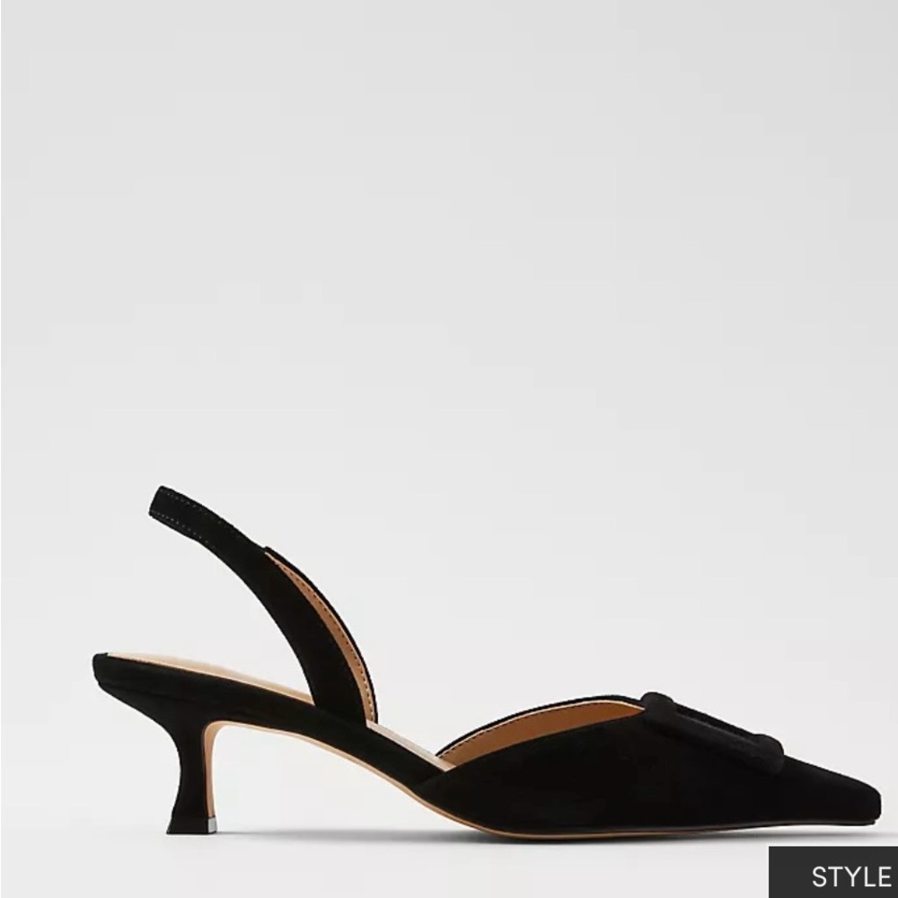 Pointy Toe Buckle Suede Slingback Pump kitten heel